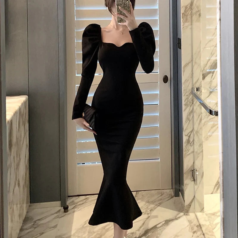 Fitted Puff-Sleeve Square-Neck Mermaid Mid-Length Prom Dress