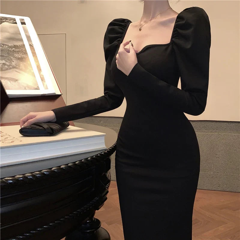 Fitted Puff-Sleeve Square-Neck Mermaid Mid-Length Prom Dress