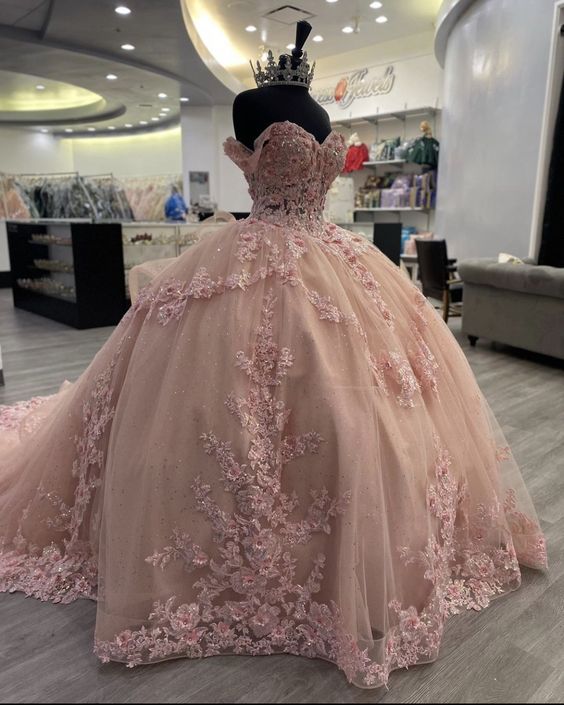 Floral-Embroidered Off-Shoulder Crisscross-Back Tulle Ballgown Prom Dress