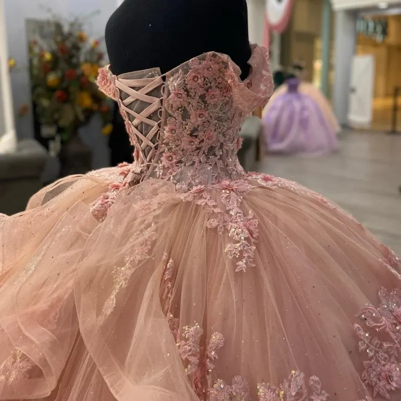 Floral-Embroidered Off-Shoulder Crisscross-Back Tulle Ballgown Prom Dress