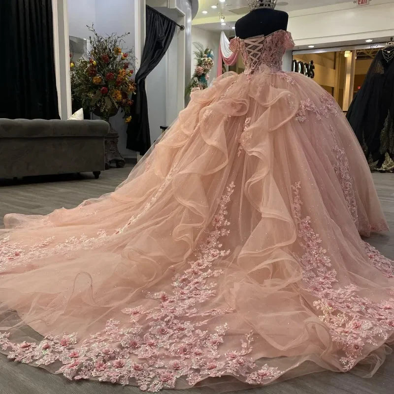 Floral-Embroidered Off-Shoulder Crisscross-Back Tulle Ballgown Prom Dress