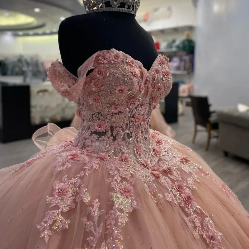 Floral-Embroidered Off-Shoulder Crisscross-Back Tulle Ballgown Prom Dress