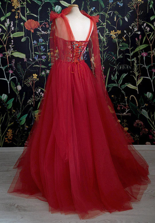 Floral-Embroidered Tulle Corset Sweetheart Ballgown Prom Dress