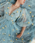 Floral-Embroidered Tulle Deep-V Puff-Sleeve A-Line Prom Dress