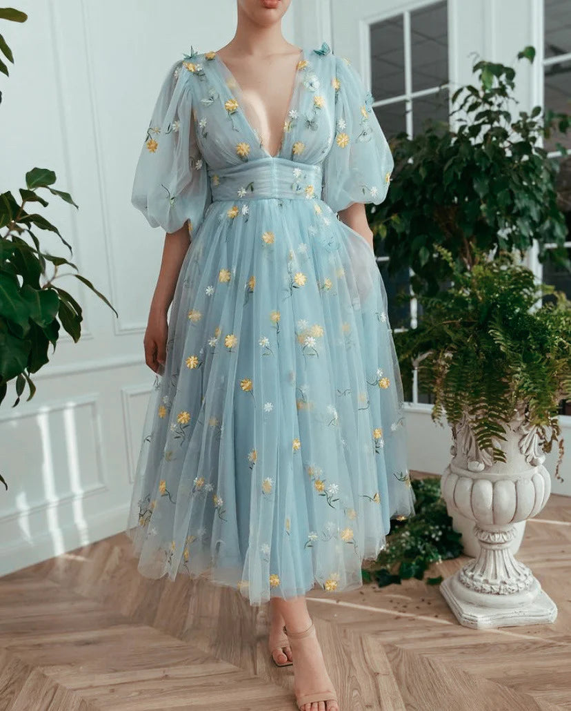 Floral-Embroidered Tulle Deep-V Puff-Sleeve A-Line Prom Dress