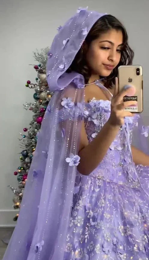 Floral-Embroidered Tulle Sweetheart Hooded Cape Ballgown Prom Dress