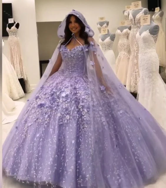 Floral-Embroidered Tulle Sweetheart Hooded Cape Ballgown Prom Dress