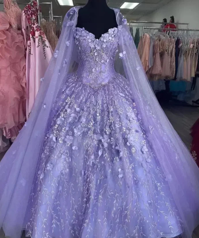 Floral-Embroidered Tulle Sweetheart Hooded Cape Ballgown Prom Dress