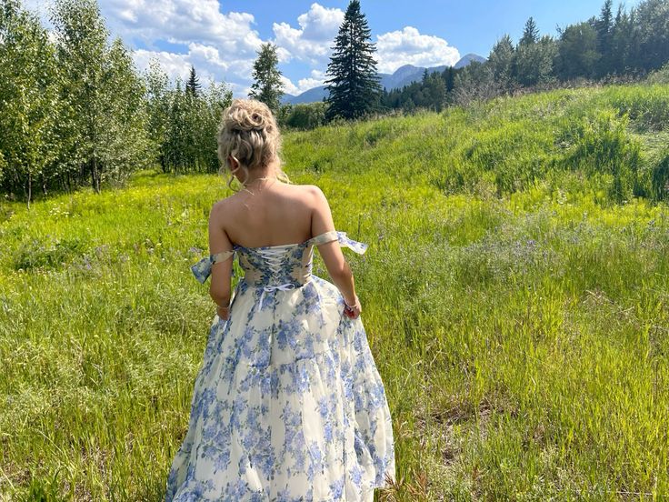 Floral-Print Ruched Off-Shoulder Bow-Trim Tiered Floor-Length Prom Dress