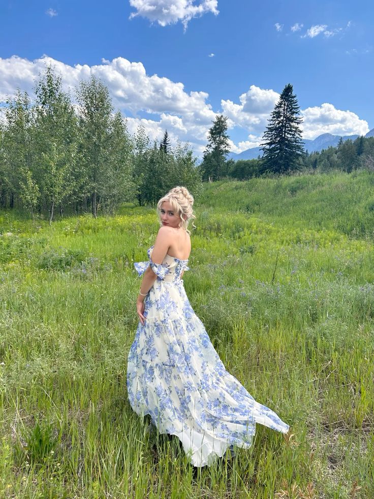 Floral-Print Ruched Off-Shoulder Bow-Trim Tiered Floor-Length Prom Dress