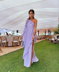 Flowy Ruffled One-Shoulder Asymmetrical High-Slit Floor-Length Prom Dress