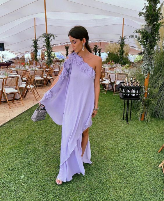 Flowy Ruffled One-Shoulder Asymmetrical High-Slit Floor-Length Prom Dress