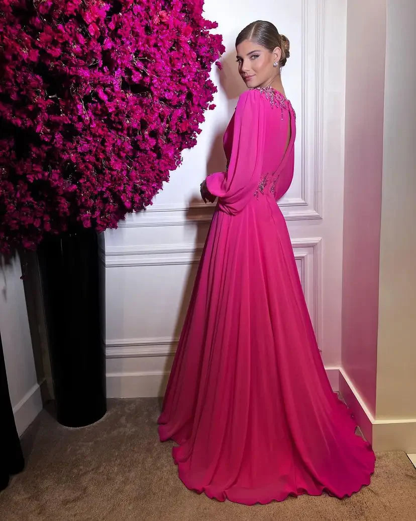 Glamorous Beaded Deep-V Puff-Sleeve Open-Back Floor-Length Prom Dress