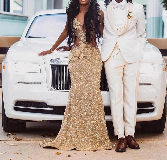 Glamorous Gold Sequin Mermaid V-Neck 3D-Floral-Appliqué Cutout-Waist Floor-Length Prom Gown