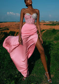 Glamorous Satin Mermaid Sweetheart Strapless Crystal-Lace Corset-Bodice High-Slit Floor-Length Evening Gown