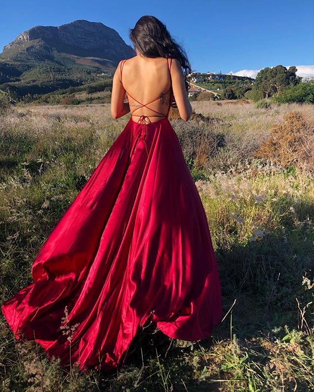 Glamorous Satin Square-neck Cross-back High-slit Floor-length Prom Dress