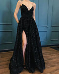 Glamorous Sequin A-Line V-Neck Spaghetti-Strap Open-Back High-Slit Floor-Length Evening Gown