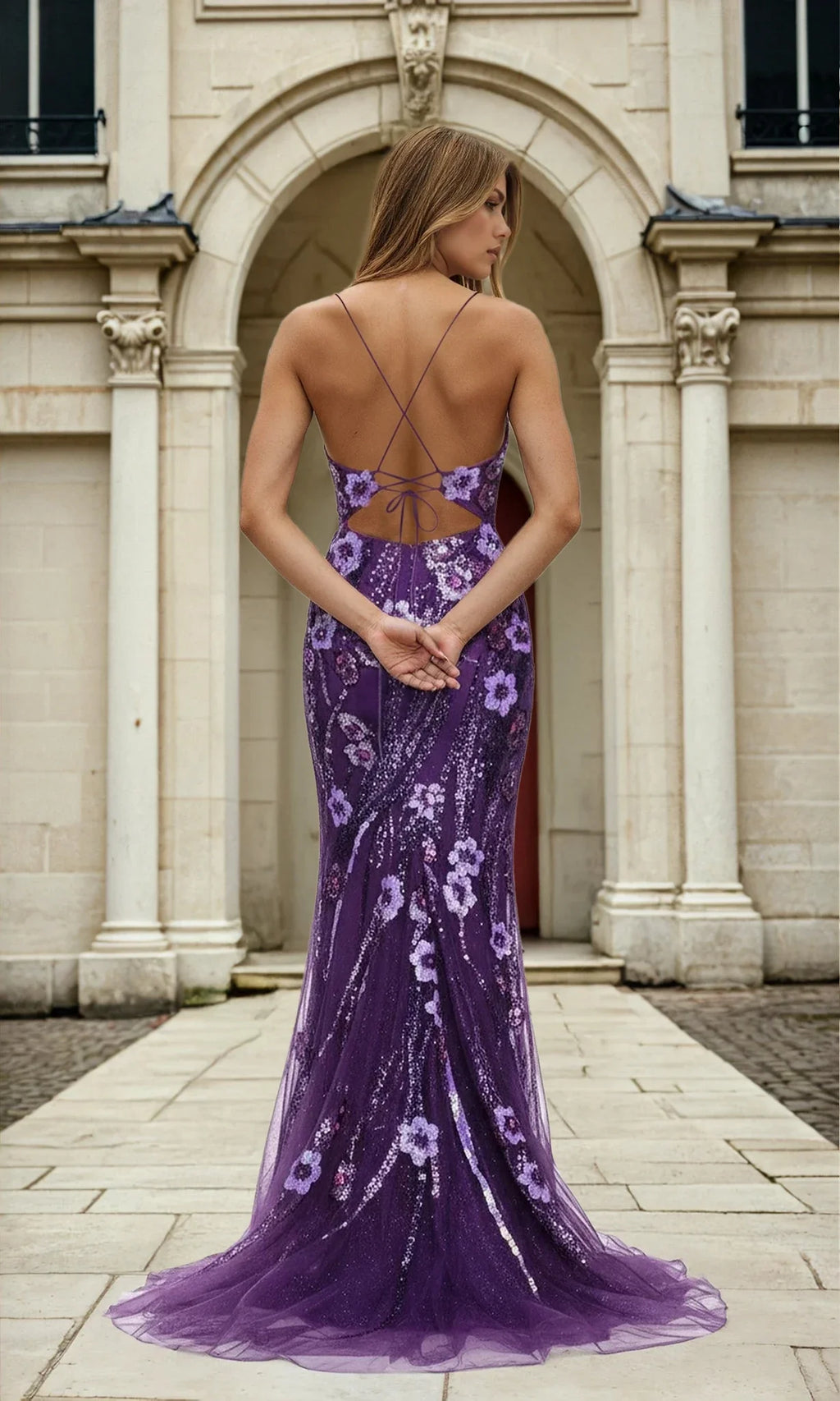 Stretch Chiffon Backless Glamorous Sequin Floral Mermaid V-Neck Spaghetti-Strap Crisscross-Back Floor-Length Prom Dress for Women