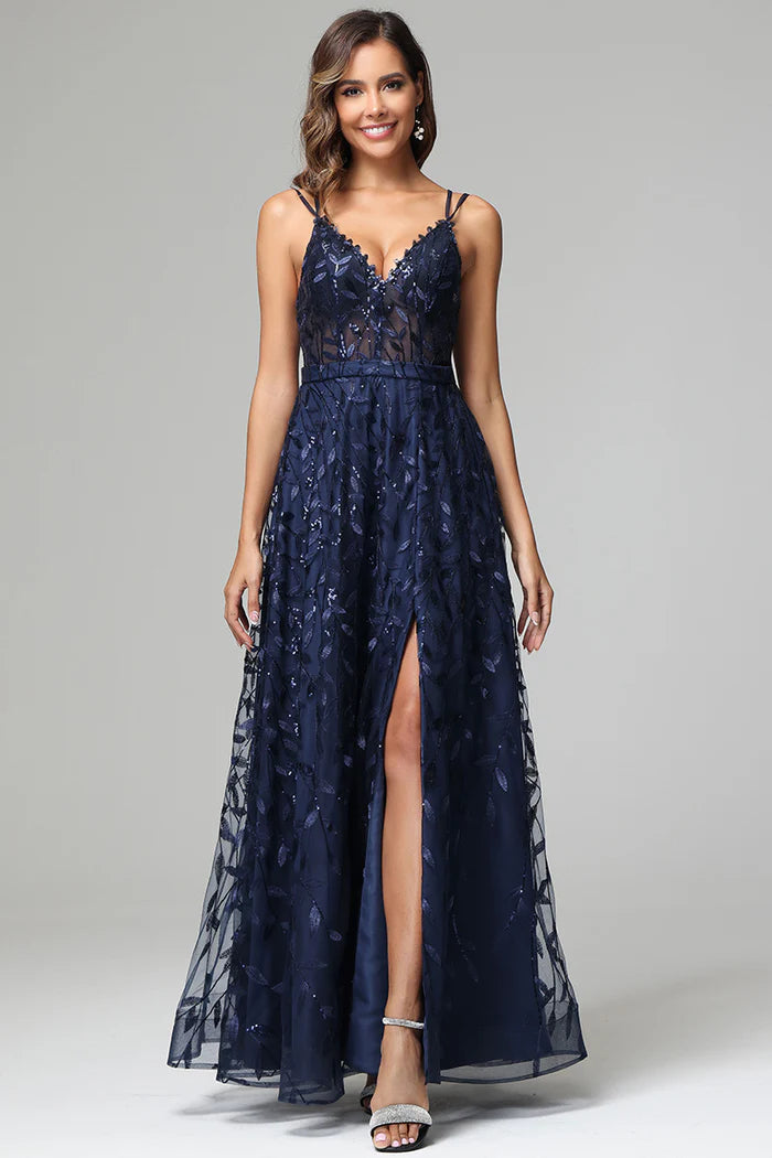 Glamorous Sequin Leaf A-Line V-Neck Spaghetti-Strap Open-Back Floor-Length Prom Dress for Women