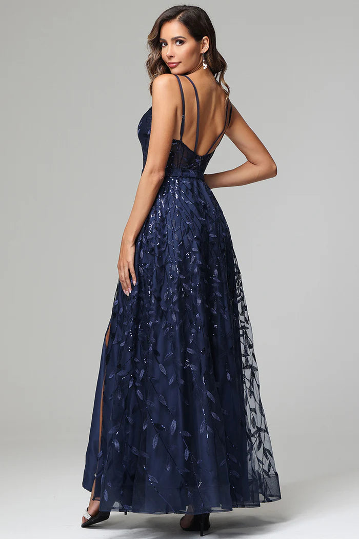 Glamorous Sequin Leaf A-Line V-Neck Spaghetti-Strap Open-Back Floor-Length Prom Dress for Women