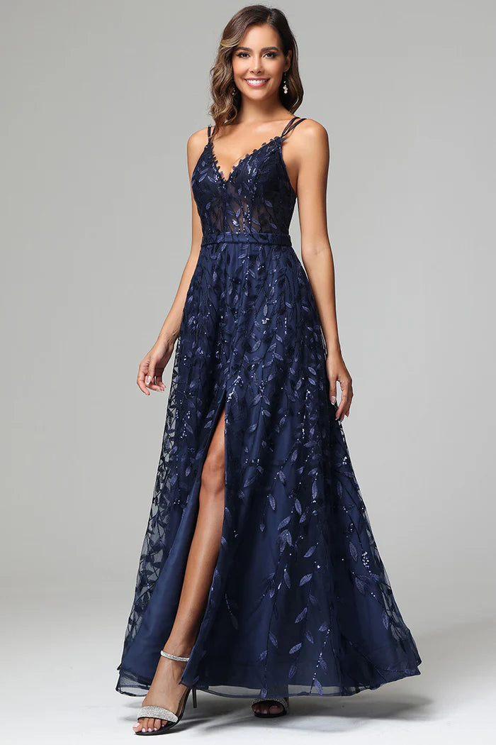 Glamorous Sequin Leaf A-Line V-Neck Spaghetti-Strap Open-Back Floor-Length Prom Dress for Women
