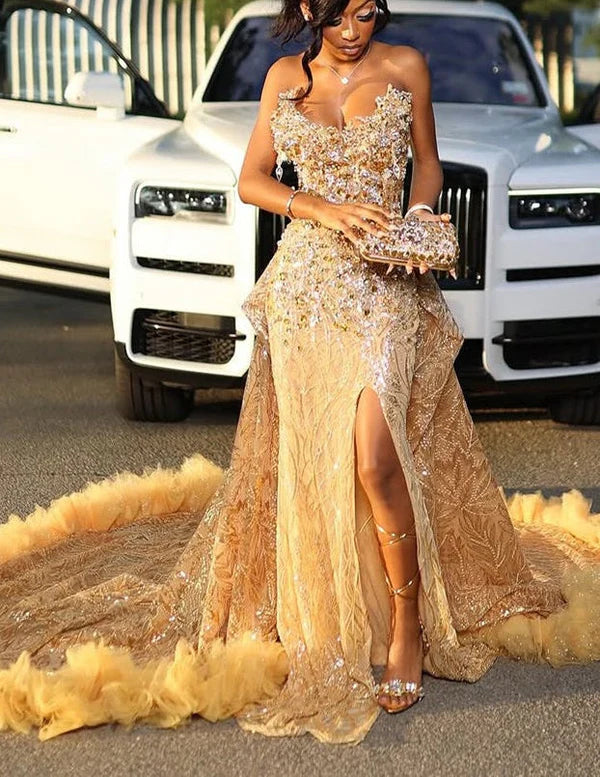 Glamorous Sequin Mermaid Sweetheart Strapless High-Slit Ruffled-Train Floor-Length Prom Gown