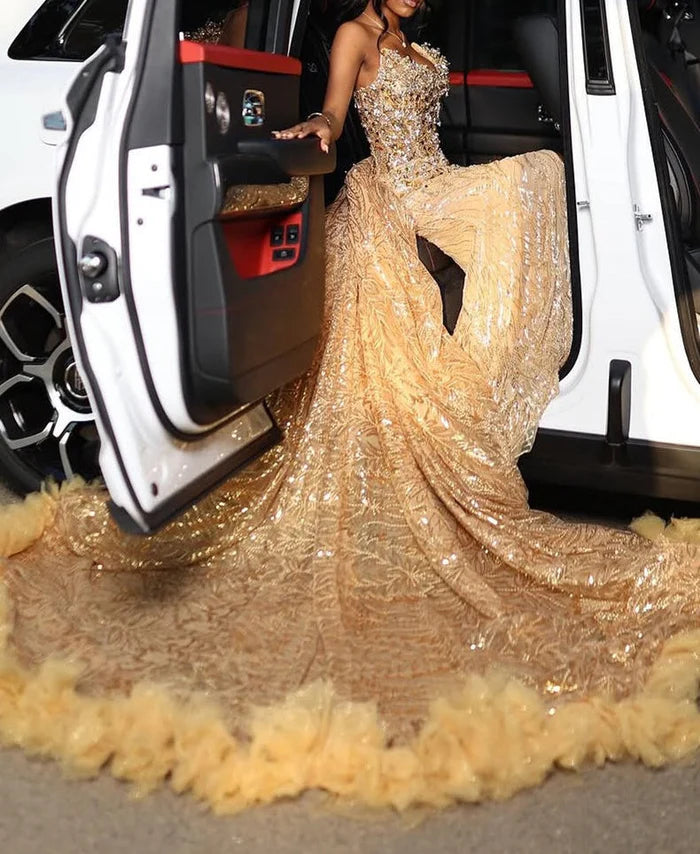 Glamorous Sequin Mermaid Sweetheart Strapless High-Slit Ruffled-Train Floor-Length Prom Gown