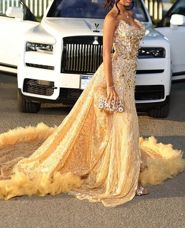 Glamorous Sequin Mermaid Sweetheart Strapless High-Slit Ruffled-Train Floor-Length Prom Gown