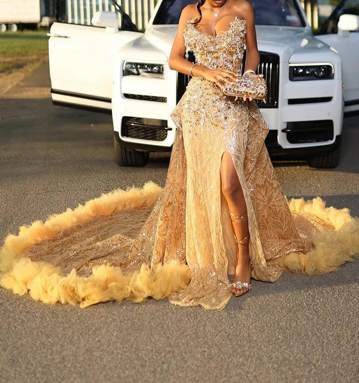 Glamorous Sequin Mermaid Sweetheart Strapless High-Slit Ruffled-Train Floor-Length Prom Gown