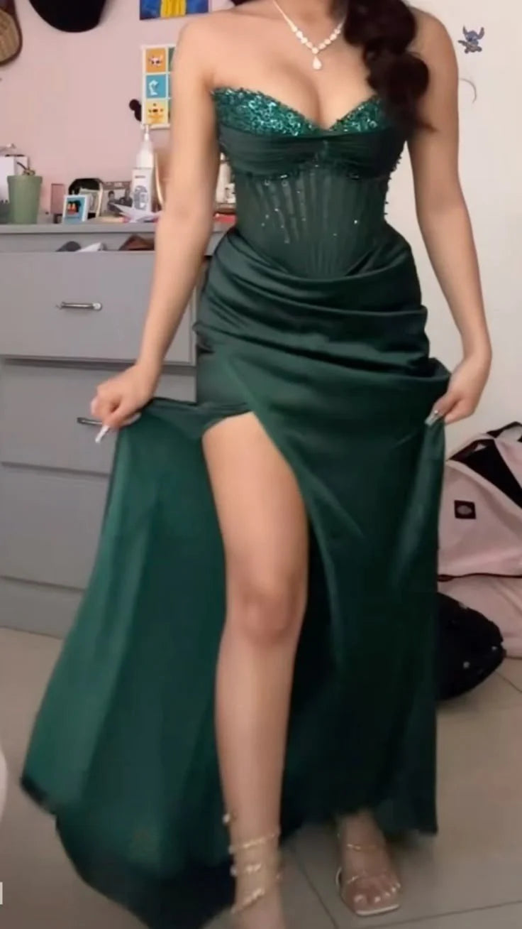Glamorous Sequin Sweetheart Strapless High-slit Floor-length Prom Dress
