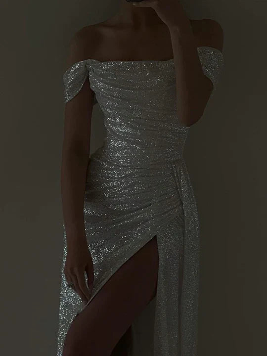 Glittery Off-Shoulder Ruched Lace-Up-Back Slit Maxi Prom Dress