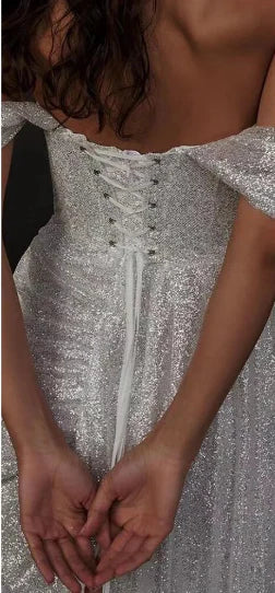 Glittery Off-Shoulder Ruched Lace-Up-Back Slit Maxi Prom Dress