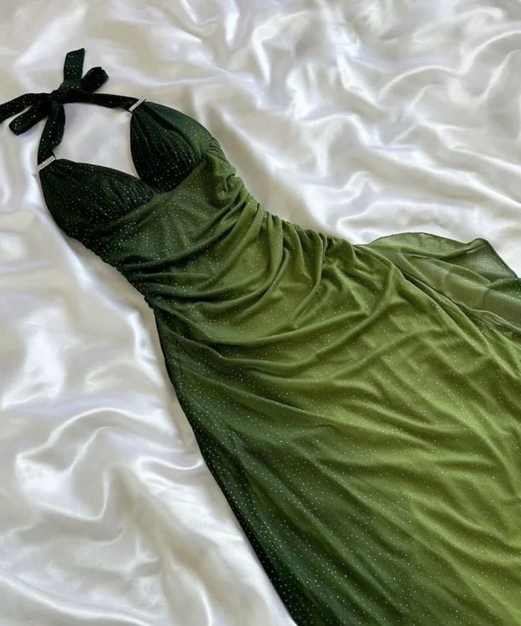 Glittery Ombre Halter-Neck Ruched Ruffled Maxi Prom Dress