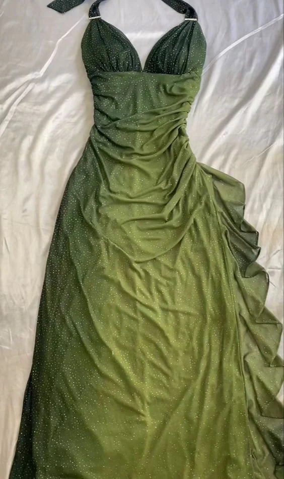 Glittery Ombre Halter-Neck Ruched Ruffled Maxi Prom Dress