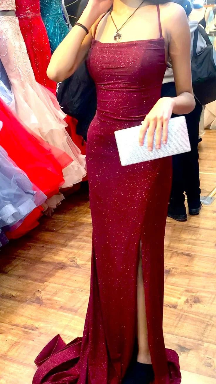 Glittery Slim Square Neck Spaghetti Strap Ruched Back Maxi Prom Dress