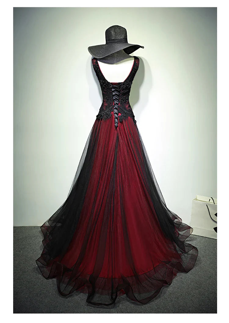 Gothic Beaded Lace Lace-up-back Ombre Tulle Floor-length Prom Dress