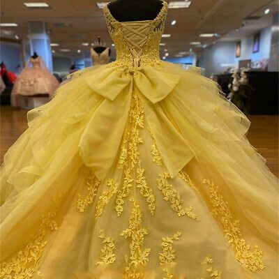 Lace-Embroidered Bow-Accent Deep-V Ballgown Floor-Length Prom Dress