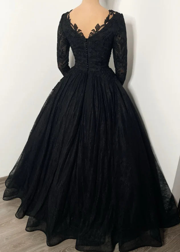 Lace-Embroidered Deep-V Long-Sleeve V-Back Ballgown Floor-Length Prom Dress