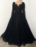 Lace-Embroidered Deep-V Long-Sleeve V-Back Ballgown Floor-Length Prom Dress