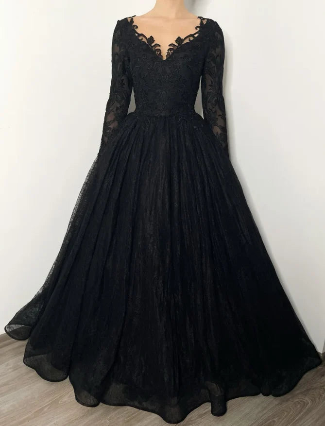 Lace-Embroidered Deep-V Long-Sleeve V-Back Ballgown Floor-Length Prom Dress