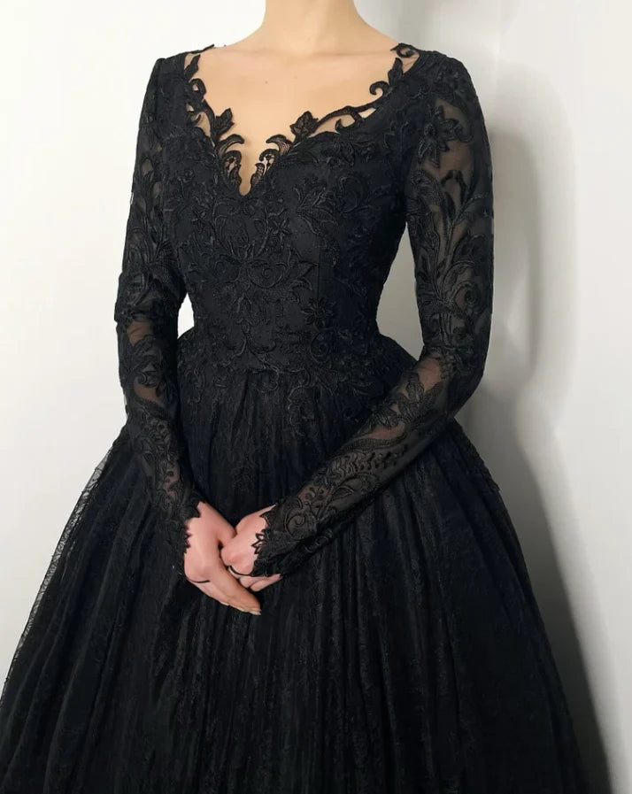 Lace-Embroidered Deep-V Long-Sleeve V-Back Ballgown Floor-Length Prom Dress