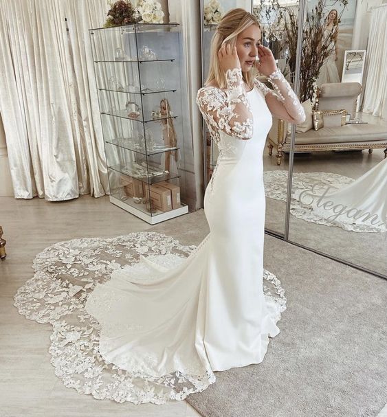Lace-Embroidered Long-Sleeve Open-Back Mermaid Train Prom Dress
