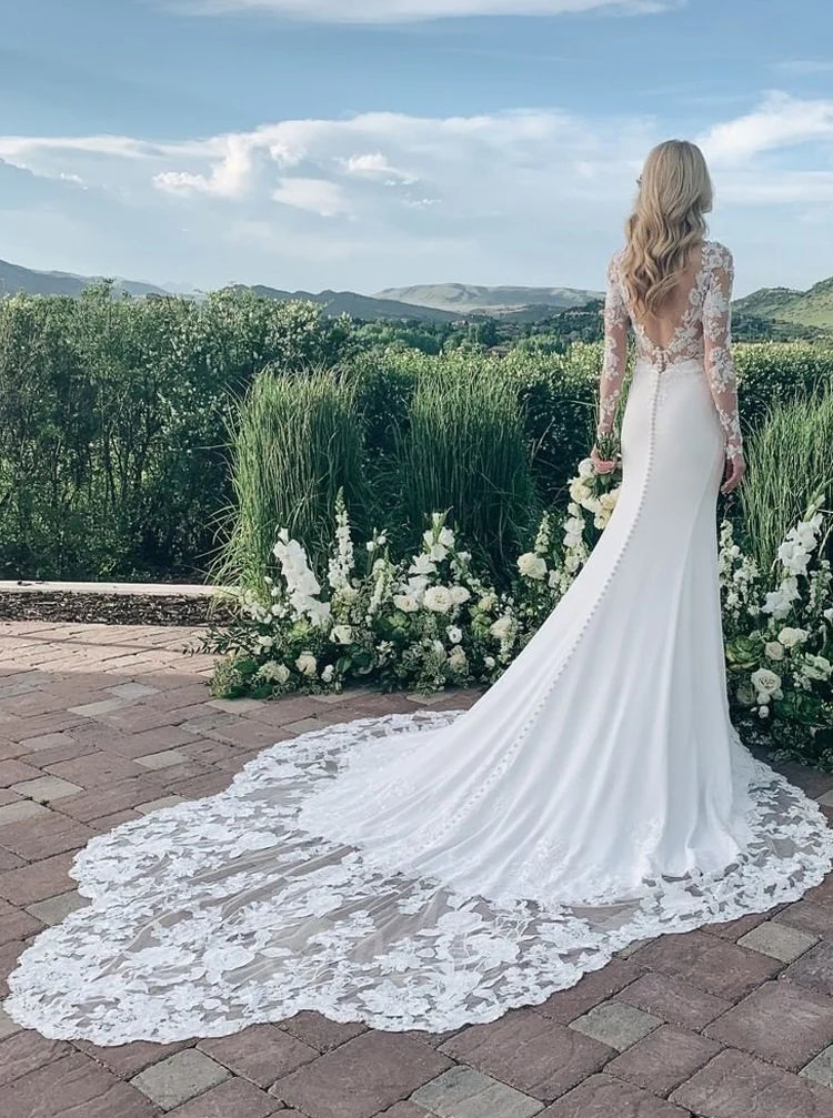 Lace-Embroidered Long-Sleeve Open-Back Mermaid Train Prom Dress