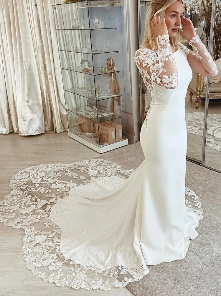 Lace-Embroidered Long-Sleeve Open-Back Mermaid Train Prom Dress