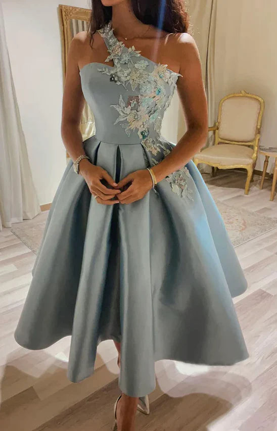 Lace-Embroidered One-Shoulder A-Line Mid-Length Prom Dress