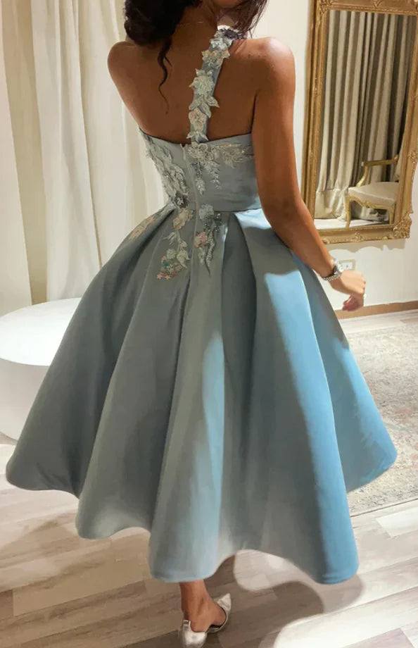 Lace-Embroidered One-Shoulder A-Line Mid-Length Prom Dress