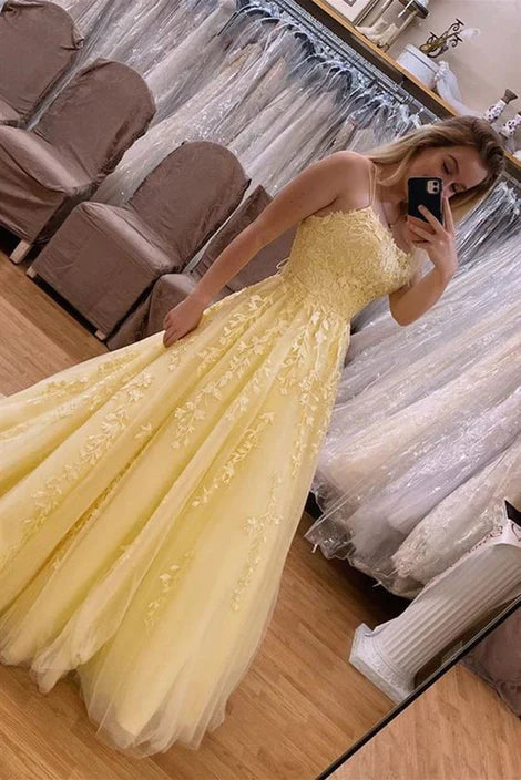 Lace-Embroidered Spaghetti-Strap Crisscross-Back Ballgown Prom Dress
