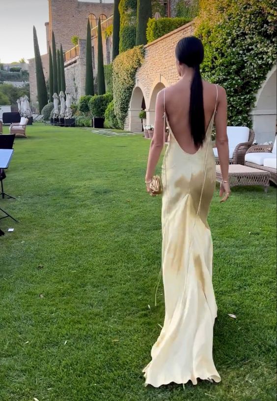 Lustrous Lace-Trimmed Deep-V Spaghetti-Strap Open-Back Floor-Length Prom Dress