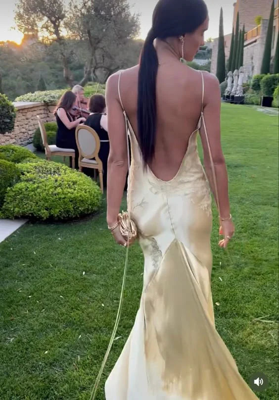 Lustrous Lace-Trimmed Deep-V Spaghetti-Strap Open-Back Floor-Length Prom Dress