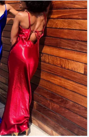 Lustrous Metallic Satin Sheath Cowl-Neck Spaghetti-Strap Cutout-Back Floor-Length Evening Dress